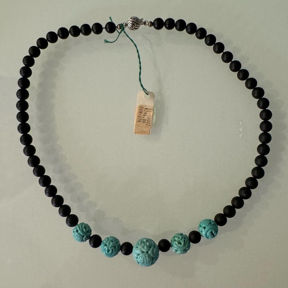 Black & Turquoise beaded 19” necklace with a sterling clasp NWT
